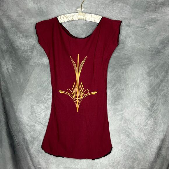 Top Tunic Women Sm/Med Form Fitting Stretchy Artsy Brick Red Gold Design Boho - Picture 1 of 4